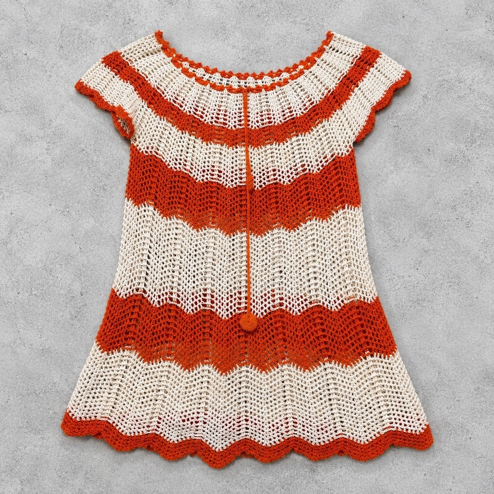 Vintage 70s Style Crochet Knit Top Orange Cream Chevron Striped Boho Tunic S